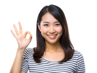 Young woman smiling with okay hand sign, transparent