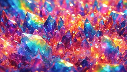 Close-up colorful crystals shows their facets reflecting a spectrum of hues, highlighting the interplay of light and color in these natural wonders