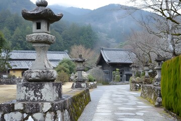 Poster - Stone Lanterns and Pathway Leading to a Japanese Temple