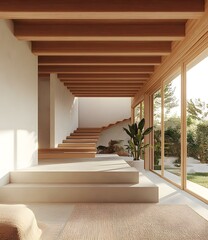 Sticker - Modern Minimalist House Interior Design with Wooden Beams and Stairs