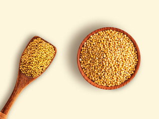 Spices and Herbs in Spoon and Bowl. White and Yellow mustard seeds in wooden spoon and Bowl creative layout. Mustard seed isolated on white background. top view, Design element, Healthy eating.