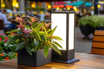 Wall Mural - Modern Outdoor Lighting Design with Plants on a Wooden Table