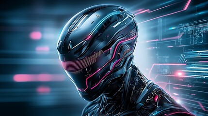 A close-up of a minimalist, futuristic gaming mascot design with sharp lines and metallic textures, surrounded by digital elements and neon lighting, copy space for text,