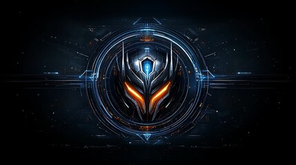 A minimalist design of a futuristic gaming mascot, depicted in a digital environment with glowing edges and abstract shapes, set against a dark, tech-inspired background, copy space for text,