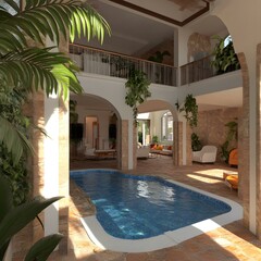 Wall Mural - Indoor Swimming Pool with Archways and Lush Greenery