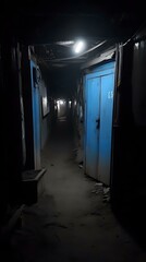 Dark and Narrow Corridor with Blue Door in Old Building