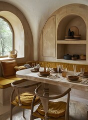 Canvas Print - Dining Table Setting in a Rustic Arched Room with Wooden Chairs and Yellow Cushions