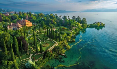 lanscape design. beautiful garden of blue spruce, bright yellow chrysanthemum and other vegetation, paths with pebbles for a walk