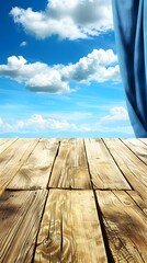 Poster - Wooden Plank Background With Blue Sky And Clouds