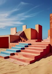 Sticker - Abstract Architecture with Colorful Stairs Against Blue Sky