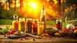 © AK2478 - Golden sunset hues condiment blend arrangement artistic still life composition High Angle Shot vibrant golden lighting