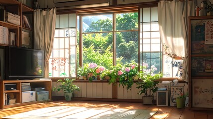 Sticker - Sunlight streaming through a window in a cozy Japanese home.