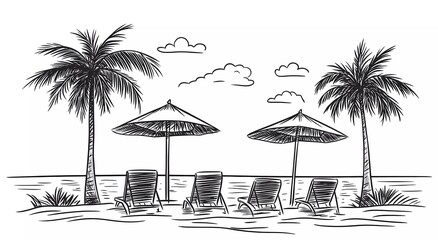 Wall Mural - Hand-drawn vector illustration of a beach resort landscape with lounge chairs, palm trees, and umbrellas on a white background