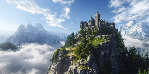 Poster - Majestic fantasy castle on a mountain, surrounded by trees and clouds, creating a dreamy, serene landscape under clear blue skies. 