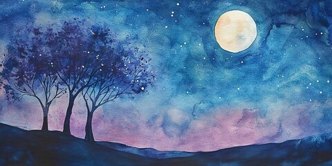 Canvas Print - Watercolor Night Sky with Trees and Moon. 