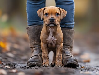 Small but fierce puppy standing between its owner and a perceived threat, displaying early signs of protection, brave pup, loyal defender