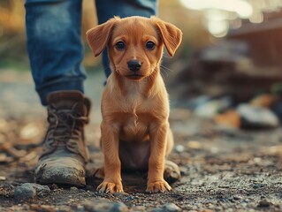 Small but fierce puppy standing between its owner and a perceived threat, displaying early signs of protection, brave pup, loyal defender