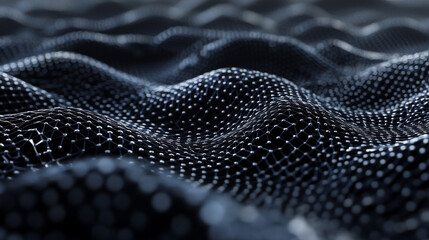 Abstract metallic mesh forming a wave shape. 3D metal mesh made up of hexagons. Graphene molecular lattice. Neural network. 3D render.