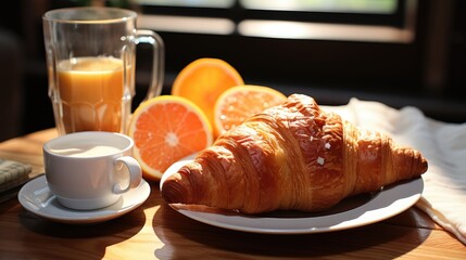 Canvas Print - Breakfast with orange juice and croissant. Still life with pastries and coffee.  