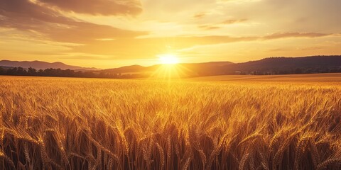 Canvas Print - A picturesque landscape photo of a vast wheat field at sunrise, showcasing the golden beauty of the morning light 