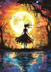 Silhouette of a Woman in a Dress Standing in Front of a Full Moon