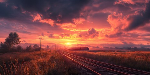 Wall Mural - A stunning sunset vista unfolds over a serene railway 