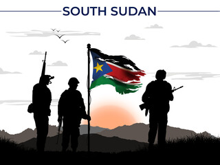 South Sudan National Flag Waving After War Victory. Silhouette Soldier Holding Flag of South Sudan in Front of Sunset. Background, Illustration