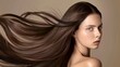 © liliyabatyrova - Bathed in soft light, a woman with long straight dark brown hair gazes thoughtfully, her hair cascading elegantly as if caught in a gentle breeze, highlighting her serene expression