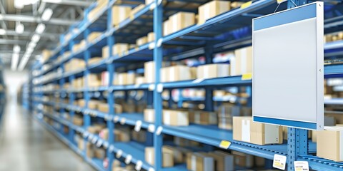 Poster - Blank Sign Hanging In Warehouse With Cardboard Boxes On Shelves