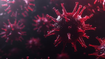 Chinese COVID-19 virus seen through a microscope. The dark backdrop emphasizes the 3D representation of the virus.