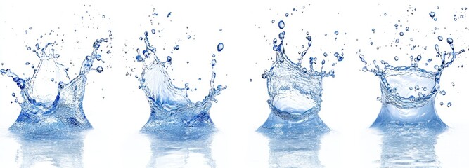 Water Splashes with Bubbles and Reflections on White Background