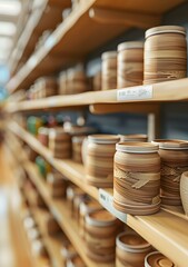 Canvas Print - Wooden Jars on Shelves in a Grocery Store