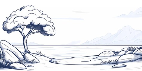 Hand-drawn vector illustration of a landscape with rocks and a tree, in a simple line art drawing style