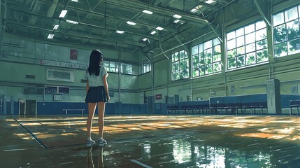 Canvas Print - A lone girl stands in a gymnasium bathed in warm sunlight, her reflection shimmering on the polished floor.