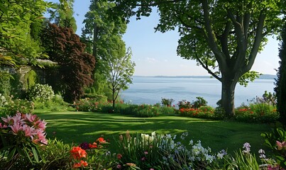 lanscape design. beautiful garden of blue spruce, bright yellow chrysanthemum and other vegetation, paths with pebbles for a walk