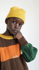 Wall Mural - A young boy with a pensive expression stands in a cozy indoor environment, wearing an oversized multicolored sweater and a bright yellow beanie. His thoughtful pose invites curiosity