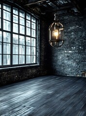 Canvas Print - Dark Loft Interior With Brick Wall and Large Window