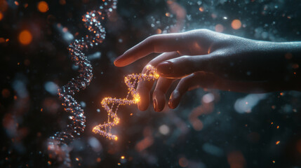 Hand interacting with DNA molecules against a dark background, illustrating a concept of DNA and genetics research. 3D render.