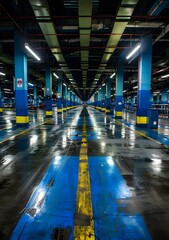 Canvas Print - Empty Parking Garage with Blue and Yellow Lines