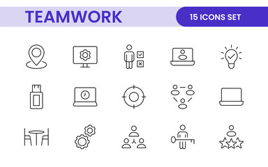 Teamwork linear icons collection. Set of coworking space icons. Business teamwork, team building, work group, and human resources minimal thin line web icon set.