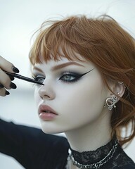 Wall Mural - Design an image of a model with emo makeup and hairstyle, performing a makeup routine with a white background, highlighting the eyeliner application process, more clarity with clear light and sharp