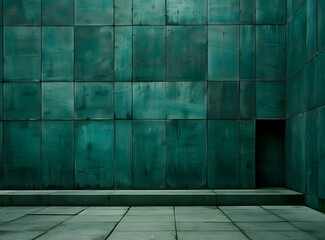 Wall Mural - Green Tiled Wall Corner with Doorway and Concrete Platform