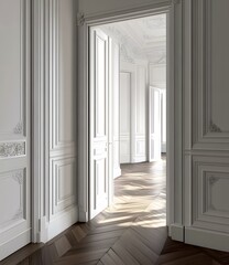 Canvas Print - White Doorway and Parquet Flooring in Classic Interior Design