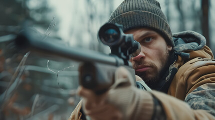 Hunter with a gun, aiming at a target during a hunt.