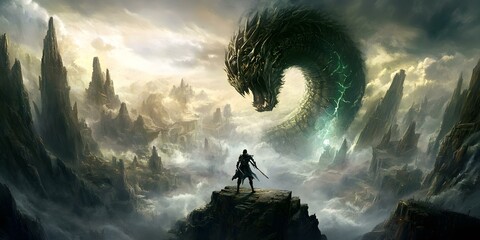 Fantasy Art of a Dragon and a Warrior in a Mountainous Landscape