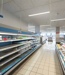 Canvas Print - Empty Supermarket Aisle With Shelves And Products