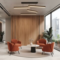 Poster - Modern Minimalist Office Lobby Interior Design with Wooden Wall