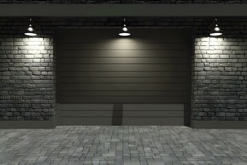 Canvas Print - Night Time Brick Wall Garage Door Background