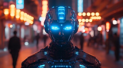 Canvas Print - Futuristic Robot Walking Through City at Night.