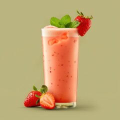 Wall Mural - A tall glass of pink strawberry smoothie with a whole strawberry and a strawberry slice on a green background.